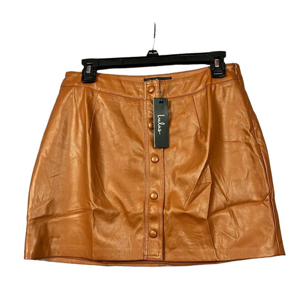 Lulu’s Brown Vegan Leather Faux Snap Button Front Mini Skirt Sz M New With Tags